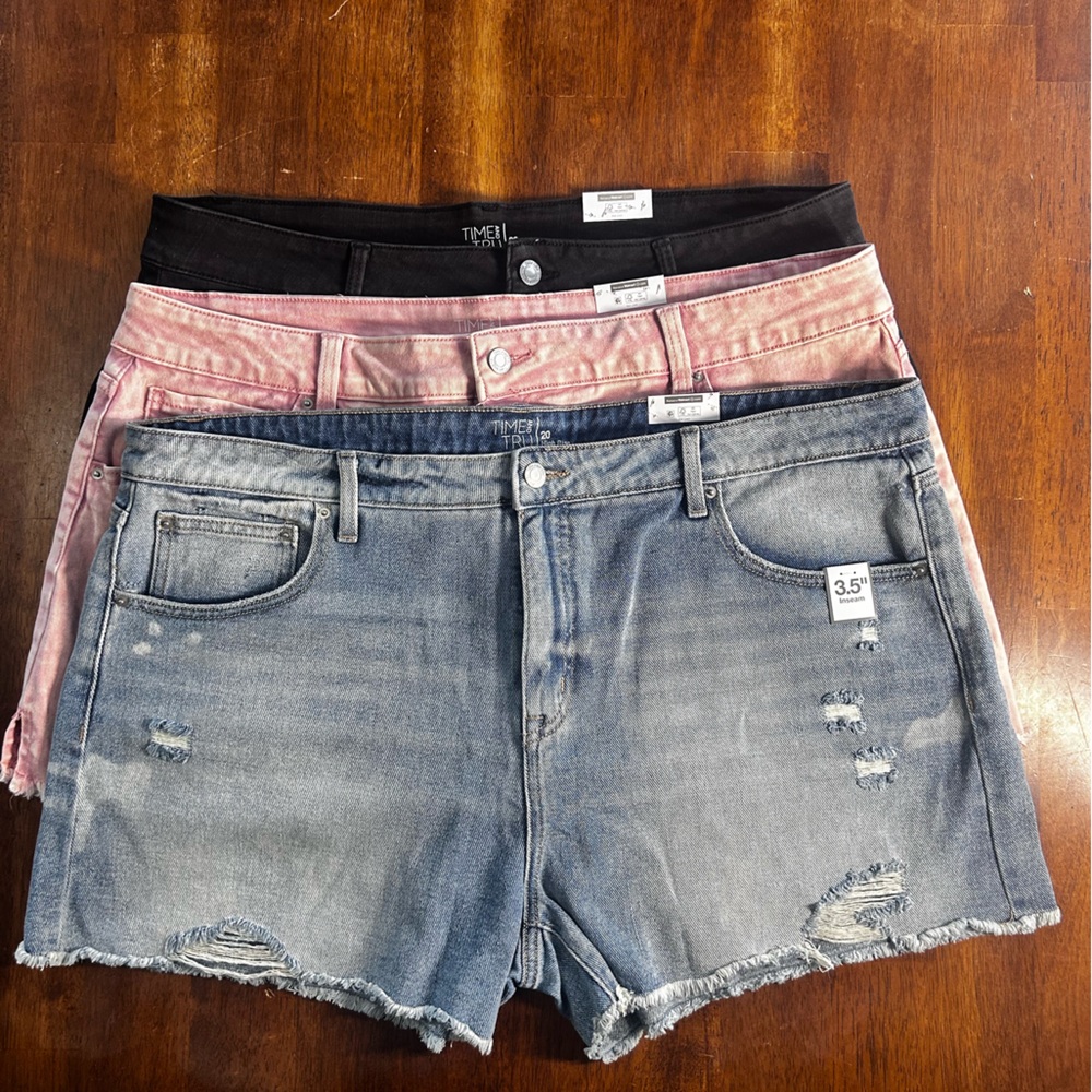 3 Pairs Women's Denim Shorts - Blue, Pink, Black All New with Tags.